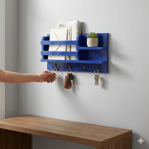 Image of Key Holder for Wall with Mail Shelf & 4 Hooks | Engineered Wood (Blue, Elegant Mail Organizer - 35.5 x 9 x 23 cm)