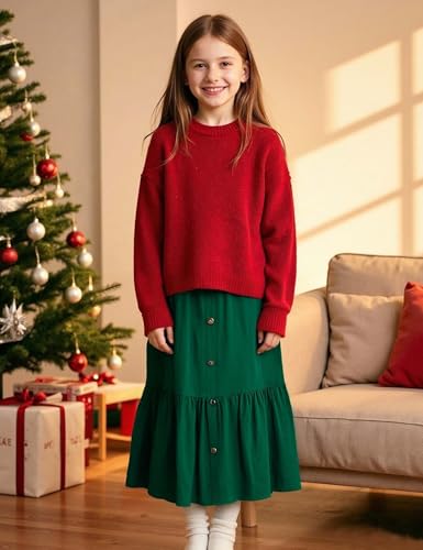 Image of Maxi Skorts Skirt for Girls Button Front High Waisted Long Skirt with Belt Ruffled Skirts with Pocket 3-12Years