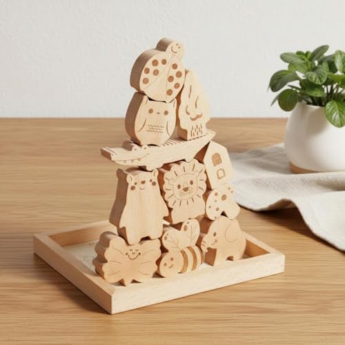 FccsiKoa Children Stacking Blocks Wooden Toy Set Building Blocks Educational Game Learning Puzzle Beech Wood Construction for Parent Child Interaction Home Play Classroom Activities - Image 2