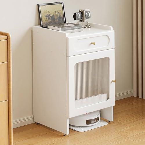 ksxnkhk Armario con Soporte para Robot Aspirador, Estante de Almacenamiento con Puertas acrílicas, Estante para máquina aspiradora de Varios Niveles con Ruedas y autovaciable (Blanco-B)