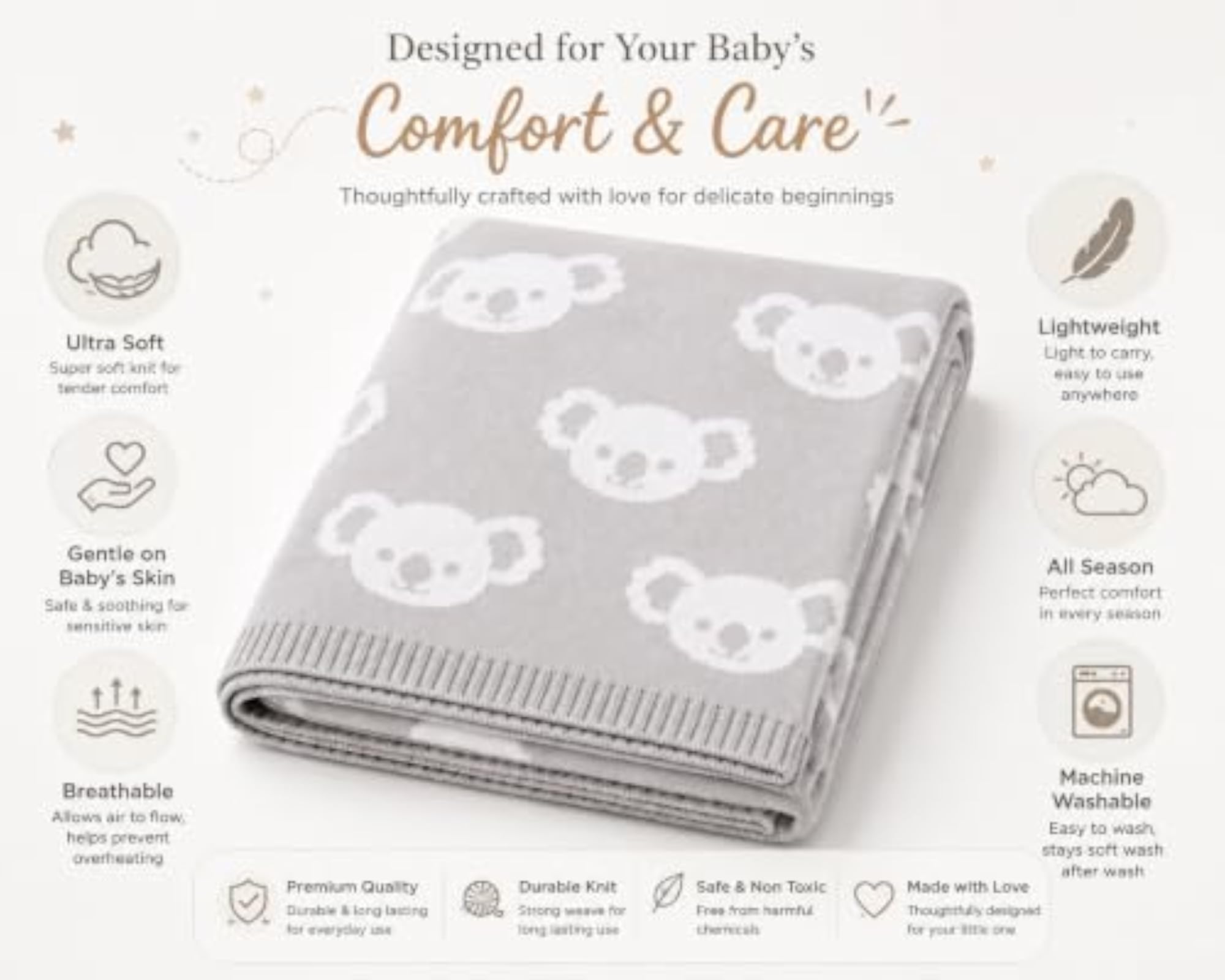 Knitted All Season Blanket for Newborn, Light Grey