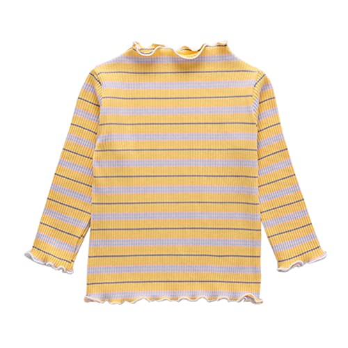 RUKOSU Toddler Baby Girls Long Sleeve Striped T Shirt Casual Lettuce Trim Ribbed Knit Pullover Blouse Top Yellow 4T