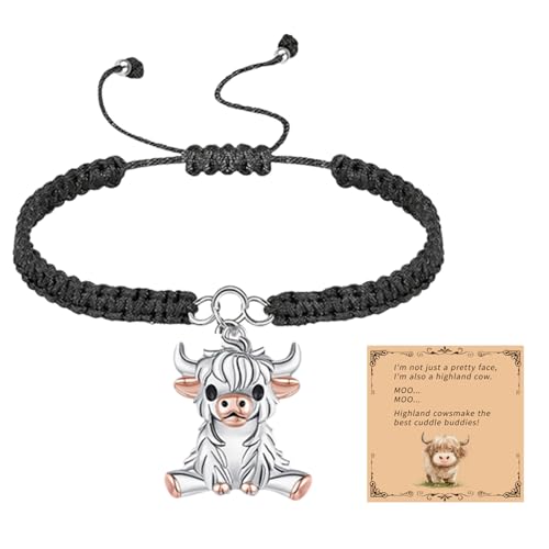 Vixano Highland Cow Gifts for Women Men Adjustable Black Braided Cord Bracelet String Bracelet with Heartfelt Greeting Card Scottish Gifts for Cows Lover Mom Daughter Friend