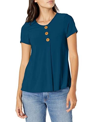 Star Vixen Women's Plus Size Short Sleeve Button Front Flowy Top with Pleated Detail, Teal, 4X