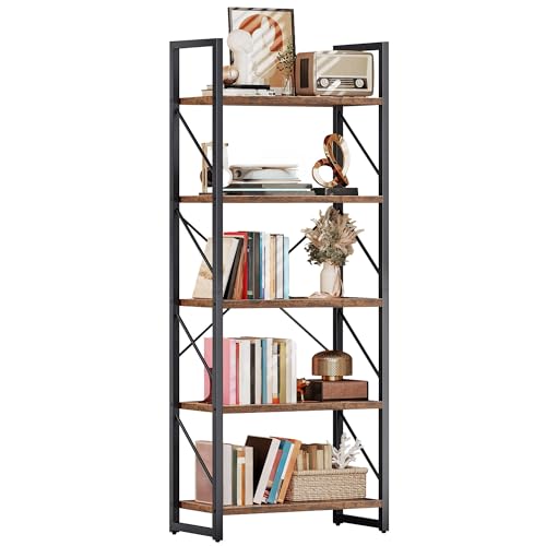 DWVO 5 Tier Bookshelf, Tall Bookcase Shelf Storage Organizer, Modern Book Shelf Storage Rack Shelves for Bedroom, Living Room, Home Office, Rustic Brown