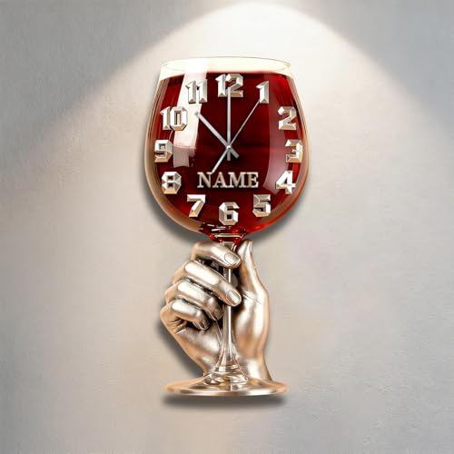 Personalized Wine Cup Wall Clock Custom Name Wine Themed Clock, 2D Printing Wine Cup Wall Art Decor for Bar Man Cave Bedroom Living Room, Christmas Birthday Gifts for Men Women