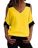 Minetom Damen T Shirt Casual Kurzarm Basic Tops V Ausschnitt Tee Sexy Schulterfrei Sommer Shirt Einfarbig Locker Oberteile Gelb DE 46