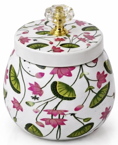 Image of Decorative Flower Printed Pichwai Jars | Metal Storage Jars with Lid | Traditional Indian Art Containers for Sweets, Spices, Pooja & Return Gifting