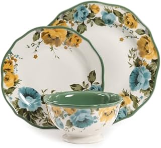 Pioneer Woman Rose Shadow Green Ceramic 12-Piece Dinnerware Set