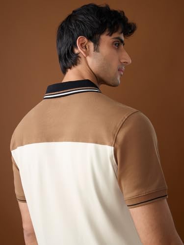 Image of The Souled Store Naruto Shippuden: Team Seven Men and Boys Short Sleeve Spread Collar Off White and Brown Embroidered Cotton Elastane Regular Fit Breathable Stretchable Polos