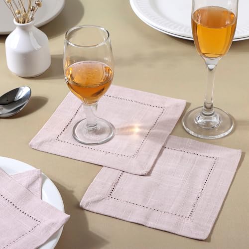 Image of Fingercraft Cotton Cocktail Napkins 6x6 Inches - Set of 12 Reusable Cloth Beverage Coasters with Elegant Ladder Hemstitch - Perfect for Parties, Bars & Home Use (Pink Slub)