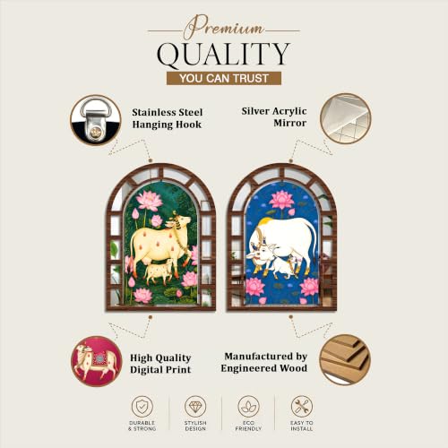 Image of Artvibes Kamdhenu Cow Wall Hanging Decor | Decorative Jharokha Mirror for Living Room, Bedroom, Hall, Prayer Room, Dining Room, Foyer & Entryway | Gift (WHJ 12047N), Set of 2