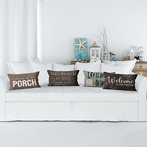 Welcome To The Porch Throw Pillow Case, 20 X 12 Inch Set Of 4, Front Porch Bench Decorations, Housewarming Gift, Welcome Lumbar Decor,  Modern Farmhouse Porch Chairs Pillows Cover For Sofa Couch Bed #TOP1