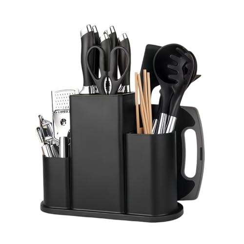 4 en 1 Bloque de Cuchillos Cuadrado, Soporte Cuchillos Cocina Negro, Porta Cuchillos Universal, Cuchillero para Cocina Sin Cuchillo, Portacuchillas con Ranura Extraíble y Orificio de Drenaje (Negro)