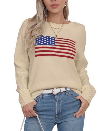 Image of Alsol Lamesa Women's American Flag Graphic Long Sleeve Pullover Sweaters Crew Neck Casual Knit Top 2024, Large, 971 Apricot