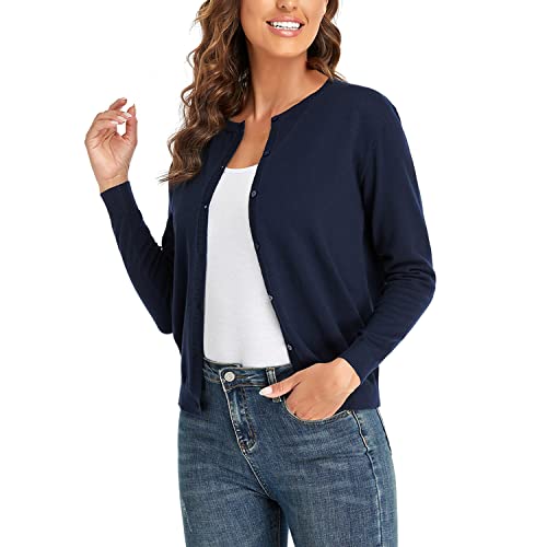 CUNYI Cardigan de Punto para Mujer Rebeca Cuello Redondo Clásico Manga Larga Chaqueta de Mujer con Botones Abrigo Elegante, Azul Marino M