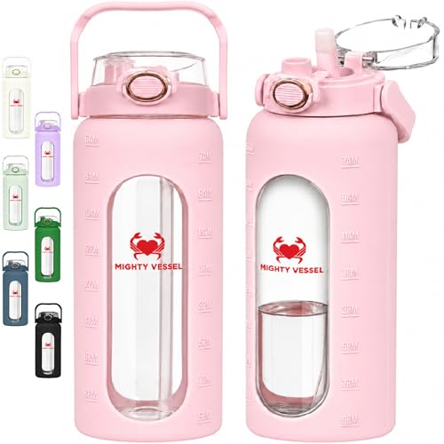 MIGHTY VESSEL 64 Oz Water Bottle with Time Marker & Straw - Pink Pregnancy 2 Liter Glass Water Bottles with Measurements - Daily intake bottle - Leakproof Borosilicate jug