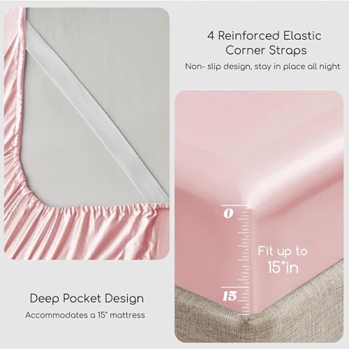 Image of MR&HM Satin Bed Sheets, Full Size Sheets Set, 4 Pcs Silky Bedding Set with 15 Inches Deep Pocket for Mattress (Full, Light Pink)