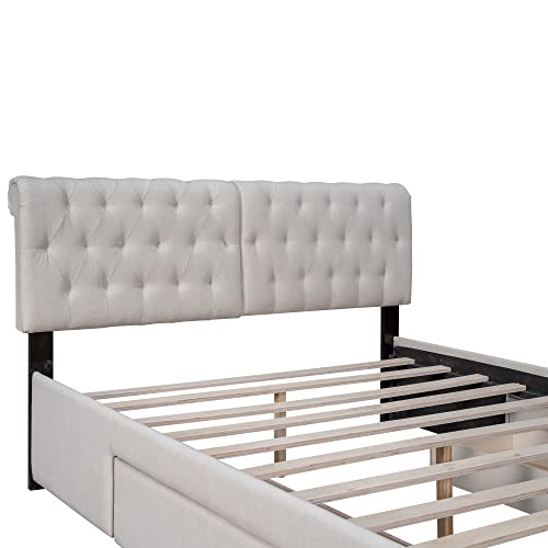 Meritline Upholstered Queen Size Platform Bed Frame With 4 Storage Drawers And Button Tufted Headboard, Wood Queen Bed For Kids Teens Adults, No Box Spring Needed (Linen Fabric, Beige) #TOP3