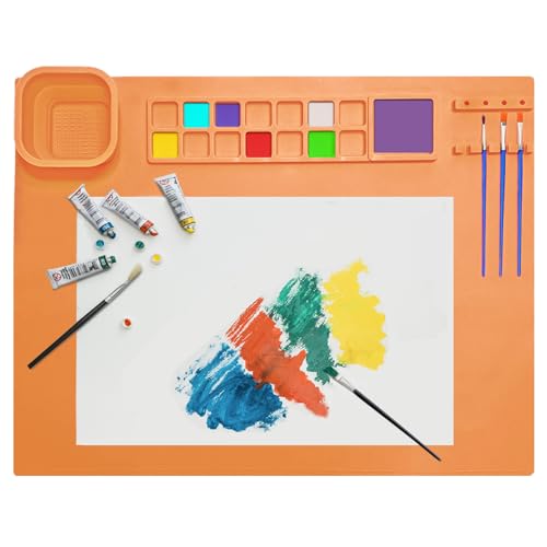 TENQUAN Tapis de Peinture en Silicone 51×41cm Tapis Peinture Silicone avec Gobelet à Pinceau Amovible Tapis Silicone Peinture Tapis D'artisanat en Silicone pour le Dessin en Bricolage(Orange)