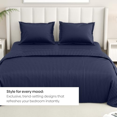 Image of Rivermoor Ultrasoft Bedsheet for Double Bed | Queen Size Bed Sheet with 2 Pillow Covers | Navy Blue Satin Stripe | 90 x 98 Inches | Breathable & Hypoallergenic