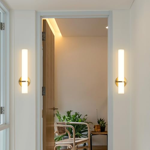Image of LED Dimming Wall Sconces 8W, 3000K Warm Lights Dimmable, White Lampshade Bathroom Vanity Lighting Wall Light Fixtures for Bedroom Dining Living Hallway, Antique Gold
