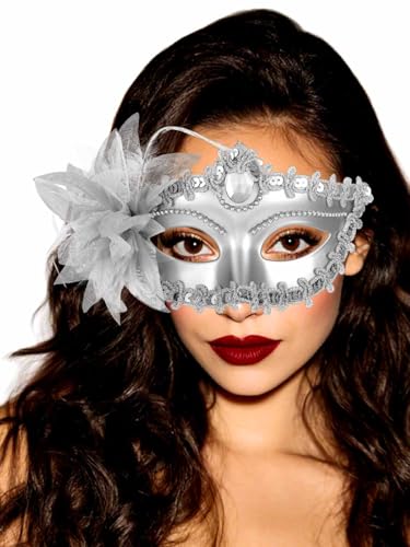 AJACITY Masquerade Mask Flower Mardi Gras Venetian Party Masks Halloween Costume Accessories for Women (Silver)
