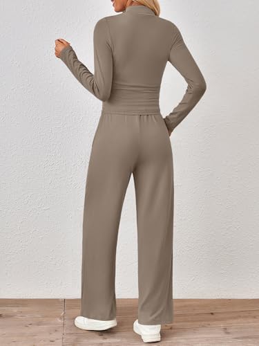 Trendy Queen Womens 2 Piece Matching Lounge Set Mock Turtleneck Top Wide Leg Pants Casual Sweatsuit with Pockets