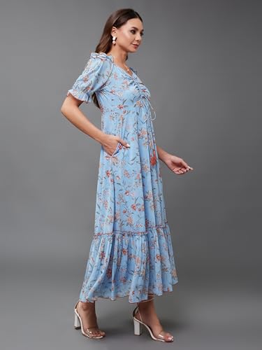 Image of Miss Chase Women's Multicolored-Base-Brown Relaxed Fit Maxi Lurex Chiffon Dress