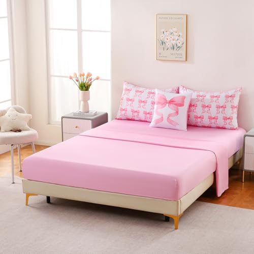 Image of DORCAS Bow Comforter Set Full Bed in A Bag for Girls,6 Pieces Pink Bow Bedding Sets with Sheets for Kids
