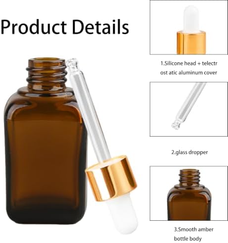 AGZHTYJQ 12 Pack 30ml 1oz Amber Square Glass Dropper Bottles, Leakproof Empty Tincture Vials with Golden Caps, Funnels and Labels, Reusable Storage Containers for Essential Oils, Perfume, DIY Liquids - 2