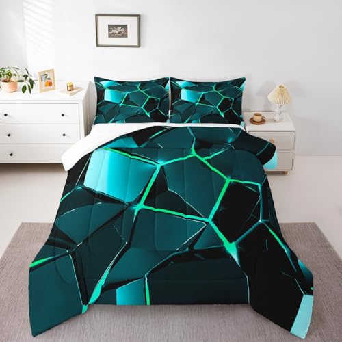Image of Feelyou Blue Green Hexagon Comforter Stereoscopic Honeycomb Comforter Set for Kids Geometrics Beehive Bedding Set Geometric Honeycomb Duvet Set Simplistic Room Decor Quilt King Size Boys
