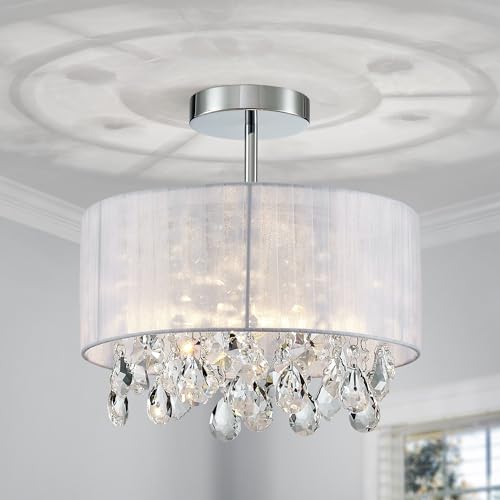 Shrine Lighting Lampadario in Cristallo, Design Moderno, Lampada da Soffitto per Zona Giorno, D33 x H35cm, Portalampada E27*1, Paralume in Tessuto Bianco e Finitura Cromo.