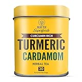 BLUE TEA - Turmeric Tea - Cardamom - 30 Count - Praymid Plant Based Tea Bag | CURCUMIN RICH - HERBAL BLEND | Herbal Tea - Caffeine Free - Gluten Free - Earthy Flavor | Reusable Tin Pack