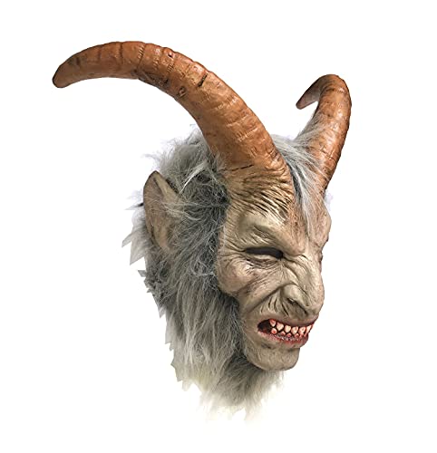 Krampus Dämon Deluxe Latex Überkopf Maske mit Hörnern und Haaren Weihnachten Horror