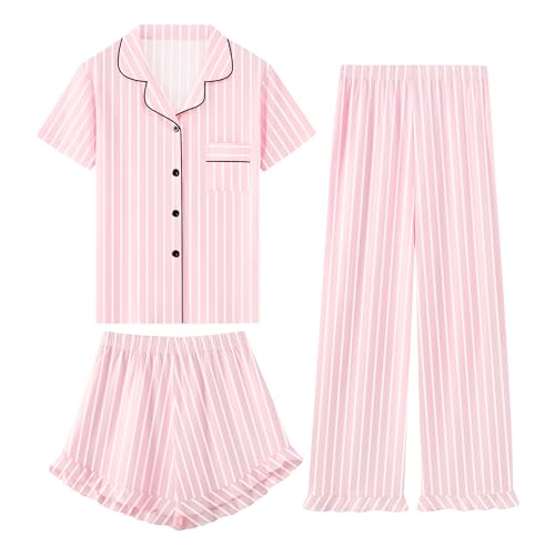 Schbbbta Girls Pajamas Set 3pcs Button Up Sleepwear Short Sleeve Long Pants with Shorts Ruffle Pjs Pink Stripe 13-14 Years