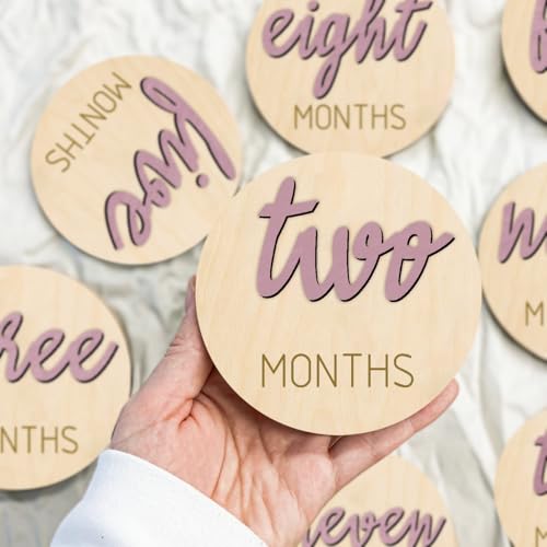 Image of Baby Monthly Milestone Markers Disc, Wooden 3D Milestone Cards for Photos, Baby Announcement Sign, 1-12 Months, wooden baby milestone sign (Blush)
