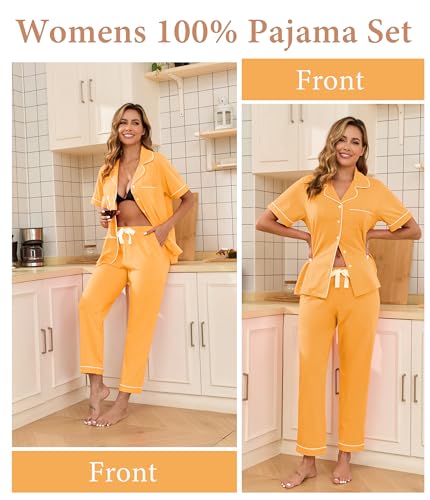 Image of CF Womens 100% Cotton Pajamas Set Button Down Pjs Sets Short Sleeve Top & Long Pants Sleepwear Comfy Loungewear with Pockets