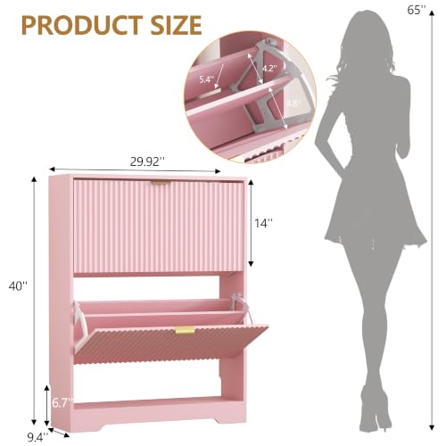 Image of HUANLEGO Shoe Cabinet Storage for Entryway with 2 Flip Drawer, Pink | Fluted Shoe Cabinet with Open Storage, Hidden Shoe Rack for Entryway,Freestanding Narrow Shoe Organizer for Hallway, Entrance