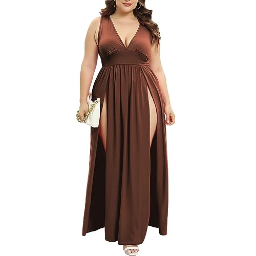 Image of SILUI Women's Summer 2026 Sexy Double High Slit Deep V Neck Plus Size Sundresses Thigh Split Maxi Club Party Dresses