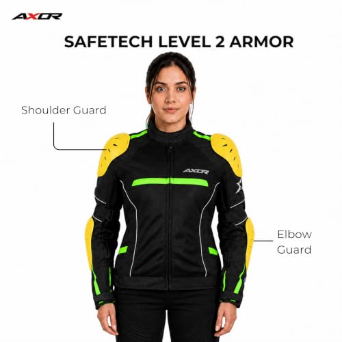 Image of Axor Divazz Women Motorcycle Riding Jacket, CE Armour Protective Bike Jacket, All-Weather Touring Riding Gear with Ventilation Panels, Black Neon Green, M