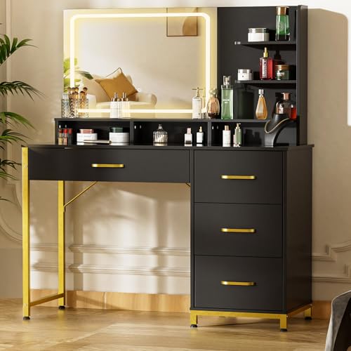 Image of LUCKRACER Vanity Desk with LED Lights Mirror, Black Makeup Vanity with Storage Drawers and Shelves, Modern Dressing Table for Women Girls Bedroom, Black