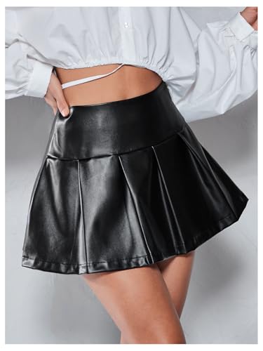 Floerns Women's High Waisted Leather Skirt Pleated Hem Club Party Mini Skirts3
