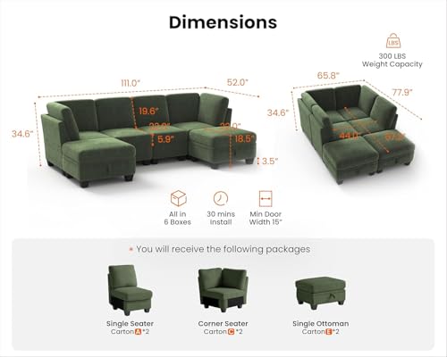 Image of CHIC HOUSE Modular Pit Sofa, Corduroy Cuddle Couch with Storage Ottoman, Sleeper Sofa Square Daybed for Living Room & Cinema, Cloud Pit Alternative, (6 Seater Compact Sleeper, Green)