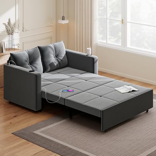Krcix 3 in 1 Pull Out Couch, 56 Inch Velvet Sofa Bed, Convertible Loveseat Sleeper Sofa for Living Room, Small Space, Upholstered Couch Bed with USB, Cup Holder(Grey)