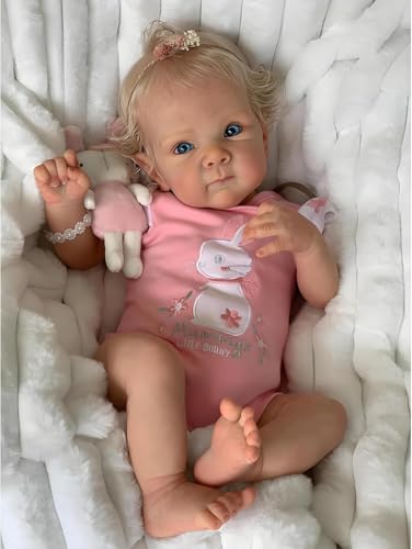 Bebê Reborn Boneca de Silicone Menina Loira Realista Pintado Olhos Azuis Original 48cm (Loira Menina 48cm)