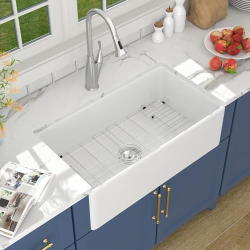 Farmhouse Sink - Lordear 33x18 Inch White Farmhouse Sink Fireclay