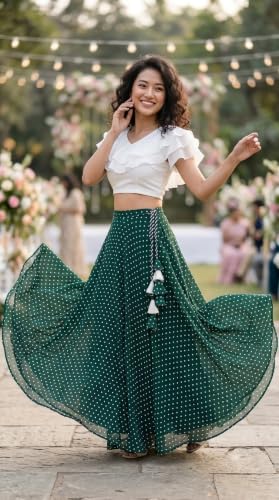 Image of Women's Lycra Top with Georgette Skirt | Polka Dot Print Long Flared Maxi | Full Length Flowy Skirt for Women | Stylish Casual Wear