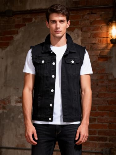 Image of Men's Sleeveless Ripped Denim Vest Casual Slim Fit Button Down Jeans Vests Jacket