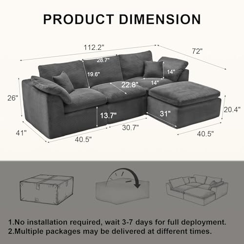 Image of 112 inch Cloud Sectional Couch, Boneless Couches for Living Room, L Shaped Couch with Convertible Ottoman, Modular Sectional Sofa with Deep Seat, Comfy Soft Cushions, No Assembly, Gray